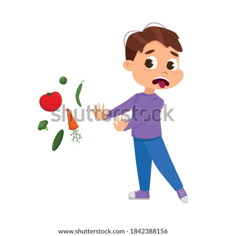 Cute Boy Does Not Want to Eat Vegetables, Kid Refusing to Eat Healthy Food Cartoon Style Vector Illustration