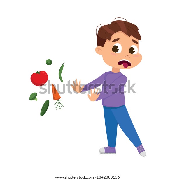 かわいい少年は野菜を食べたくない 子どもは健康に良い食べ物を漫画に描いたベクターイラストを食べない のベクター画像素材 ロイヤリティフリー