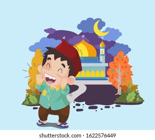 cute boy doing Adzan. adzan is a call for muslims to pray. or doodle illustration vector