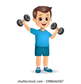 cute boy doing exercise with dumbbells