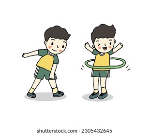 Cute boy doing exercise, hula hoop, stretching. Hand drawn style vector.