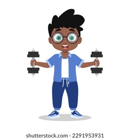 Cute boy doing exercises with dumbbells