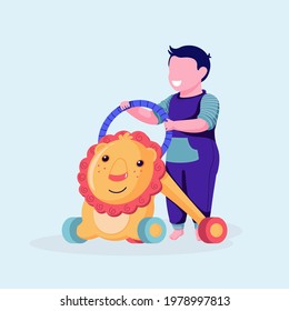 Cute boy doing first steps with baby walker. Toddler learning to walk with interactive, playful device. Colorful vector illustration. Cartoon style