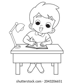 Cute boy doing homework  vector illustration isolated on white background.