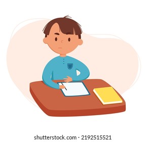 Cute boy doing homework vector illustration. child does the tasks that he was asked at school at home. Daily routine. Schedule. Illustration on abstract background