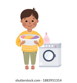 Cute Boy Doing Laundry, Kid Helping his Parents with Housework or Doing Household Chores Cartoon Style Vector Illustration