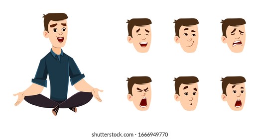 cute boy doing yoga or relax meditation. businessman character with different type of facial expression