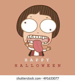 Cute boy with dracula clothes on orange background,illustration.