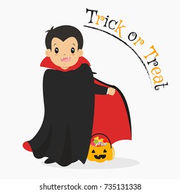 cute boy in Dracula costume holding up his cape. Halloween cartoon vector 