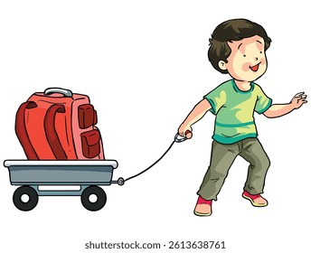 Cute boy dragging a trolley bag with his hands