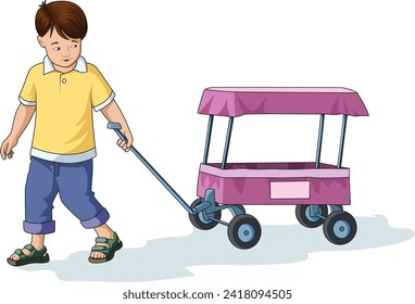 Cute boy dragging a trolley with his hands