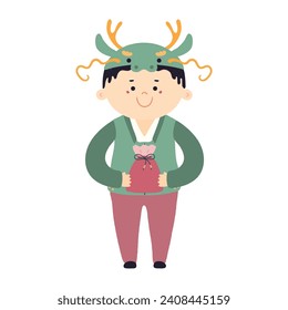 Un chico lindo con sombrero de dragón, sosteniendo la tradicional ilustración coreana del personaje de regalo. Dibujo manual de ilustración vectorial. Diseño de estilo plano. Tarjeta de vacaciones sellales, afiche, elemento de pancarta