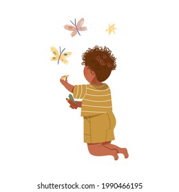 Cute Boy Drawing Butterfly on the Wall with Crayons Vector Illustration