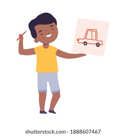Dibujo de un niño pequeño en papel, dibujo de un personaje de un pequeño artista con un lápiz de dibujos animados Ilustración vectorial