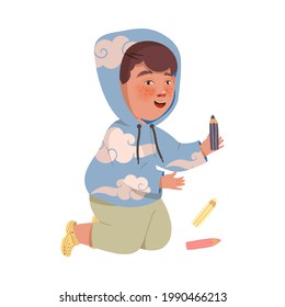 Cute Boy Drawing with Crayons or Pencils Vector Illustration