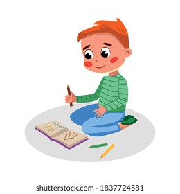 Cute Boy Drawing in Notebook, Kids Good Behavior Cartoon Style Vector Illustration