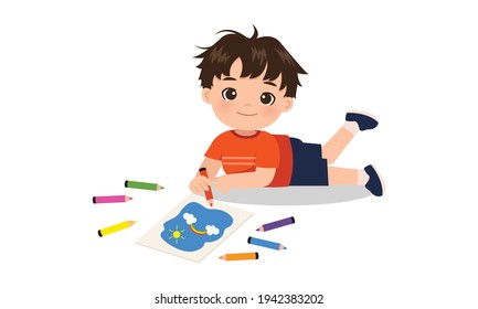 Cute boy drawing on the floor with pencil colors. Flat vector cartoon design isolated on white