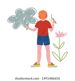 Cute Boy Drawing on Wall Using Color Pencils, View From Behind Vector Illustration