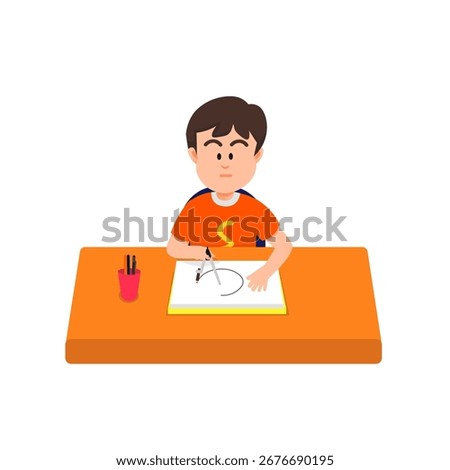 Cute boy draws a perfect circle with a compass in his sketchbook