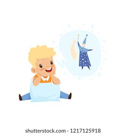 Cute boy dreaming of becoming a wizard, kids imagination and fantasy concept, vector Illustration on a white background
