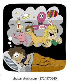 Cute boy dreaming, daydreaming with his eyes opened in his bed. Imagination, strange creatures. Cartoon style vector illustration.