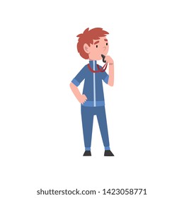 Cute Boy Dressed as Coach, Fitness, Instructor or Trainer, Kids Future Profession, Boy in Sports Uniform with Whistle Vector Illustration