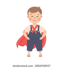 Cute Boy Dressed Like Superhero, Adorable Kid Leisure Activity Concept Cartoon Vector Illustration