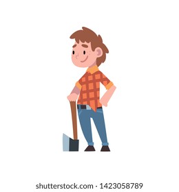 Cute Boy Dressed as Lumberjack, Kids Future Profession, Boy in Checkered Shirt and Jeans Standing with Ax Vector Illustration