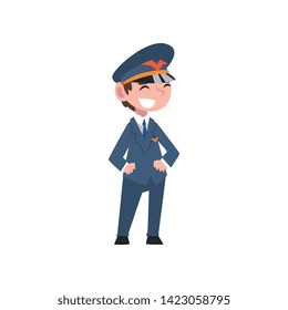 Cute Boy Dressed as Pilot, Kids Future Profession, Smiling Boy in Blue Uniform Vector Illustration