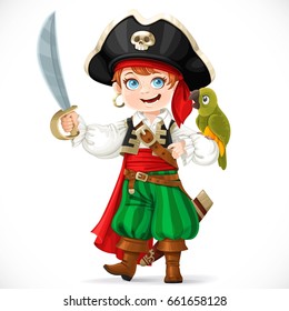 Cute boy dressed as pirate with saber holding green parrot on his hand isolated on a white background