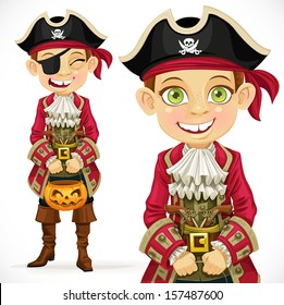 Cute boy dressed as pirate Trick or Treat.