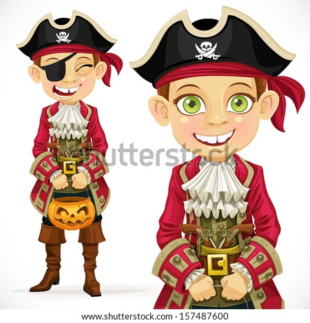 Cute boy dressed as pirate Trick or Treat.