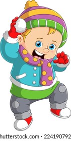 Cute boy dressed in winter warm clothes and playing snowball of illustration