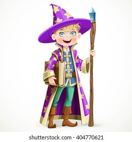 Cute boy dressed as a Wizard with the book and a magic staff isolated on white background