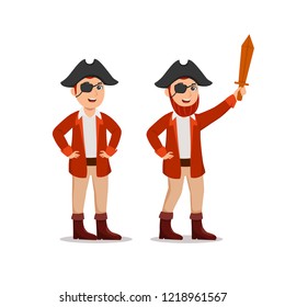 Cute Boy Dressing Captain Pirates Costume With Eye-patch and Wood Sword, Cartoon Vector Illustration