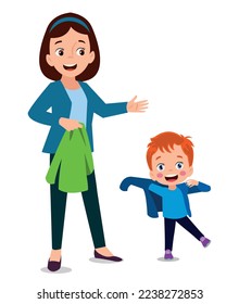 cute boy dressing up with his mother