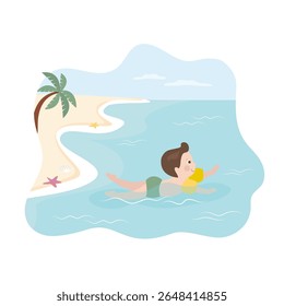 Cute boy dressing in swimsuit and inflatable armbands swims in the sea. Little kid learning swimming in ocean. Happy child on tropical beach, seashore. Summer time, vacation. flat vector illustration