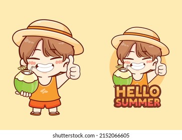 Cute boy drink fresh coconut say hello summer illustration