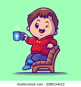 Cute Boy Drink Hot Coffee On Chair Cartoon Vector Icon Illustration. People And Drink Object Icon Concept Isolated Premium Vectors. Flat Cartoon Style