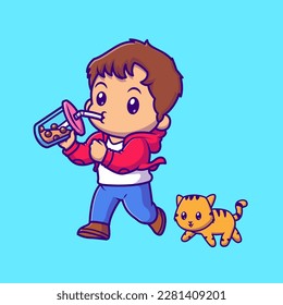 Cute Boy Drinking Boba Milk Tea with Cat Cartoon Vector Icon Illustration. People Animal Icon Concept Isolated Premium Vector. Flat Cartoon Style