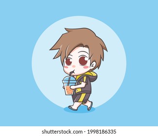 cute boy drinking boba in the summer cartoon illustration