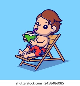 Cute a boy Drinking coconut water cartoon illustration. Summer icon concept. Flat cartoon style