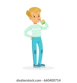 Cute boy drinking juice from a box with a straw, colorful character vector Illustration