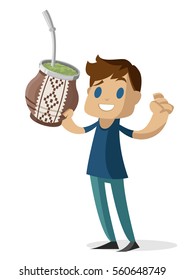 cute boy drinking yerba mate hot tea infusion beverage
