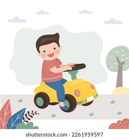 Cute boy drive children car. Child game, imagination, active kid rides a small car. Childhood, learning, explore world. Funny driver on toy auto. flat vector illustration