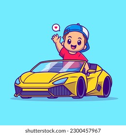 Cute Boy Driving Car Cartoon Vector Icon Illustration. People Transportation Icon Concept Isolated Premium Vector. Flat Cartoon Style