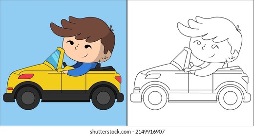 Cute boy driving a car suitable for children's coloring page vector illustration