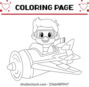 cute boy driving plane coloring page for kids