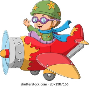 The cute boy is driving a plane and waving the hand of illustration