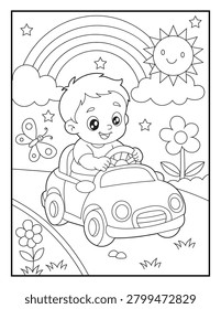 Cute Boy Driving Toy Car Coloring Page for Kids. Printable Cartoon Character Line Art Illustration with Rainbow Butterfly Flowers Sunshine and Outdoor Adventure Theme